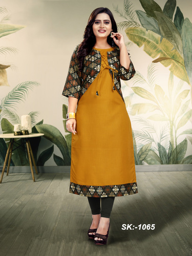 Cotton Kurti - Ruby Cotton, Size M(38)-XXL(44), Color Mustard, Style Classic, 3-4th Sleeve, Digital Printed, Ideal for Daily Wear and Ethnic Occasions