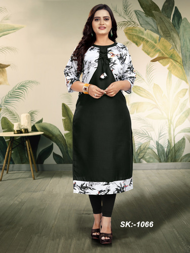 Cotton Kurti - Ruby Cotton, Sizes M(38), L(40), XL(42), XXL(44), Color Black & White | 3-4th Sleeve, Modern Style, Digital Printed, Suitable for Summer & Rainy Seasons