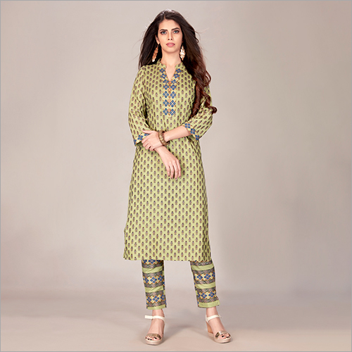 Available In Different Color Beautiful Green Printed Rayon Kurta With Pant Set