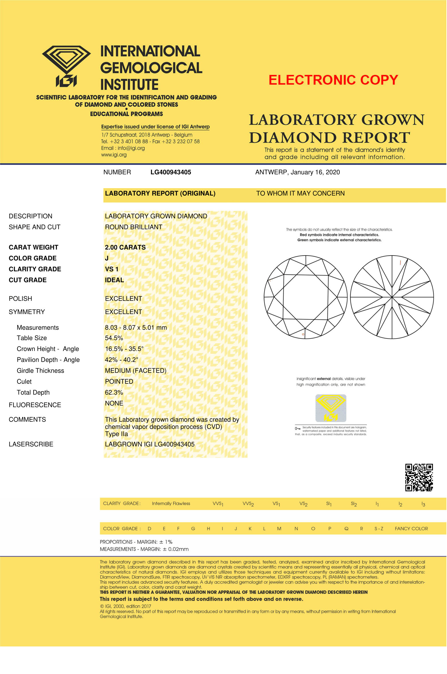 Cvd Diamond 2ct J VS1 Round Brilliant Cut Lab Grown HPHT Loose Stones TCW 1