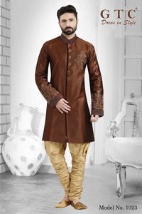 Designer Kurta - Banarasi Dupion Silk, Brown | Embroidered, Long Sleeve, Mandarin Collar, Custom Size, Dry Clean Only