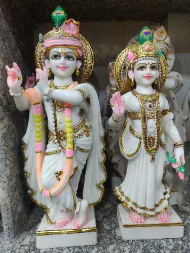 Beautifully Carved Premium Vietnam White Marble Hand-Painted Marble Radha Krishna Statue