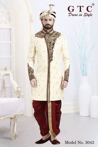 3043 Designer Sherwani - Jacquard Art Silk, Customized Size, Light Gold With Hand-beaded Details | Elegant Long Sleeve Design, Maroon Dhoti Included, 400+ Color Options Available
