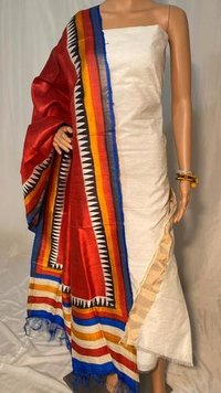 Pure Dupion Raw Silk Top With Golden Jari Border 2.5 Mtrs Block Printed Long Dupatta Texture: Woven