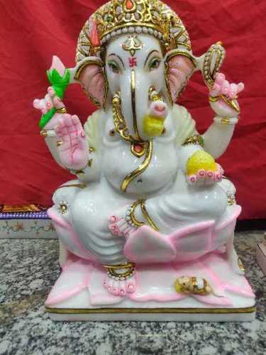White Marble Lord Ganesha Idol - Hand Carved Design, Adorned with Beautiful Colors