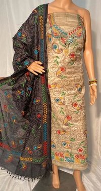 Embroidered Pure Kantha Hand Embroidery On Desi Tussar Pure Top 2.5 Mtrs Or Dupatta.
