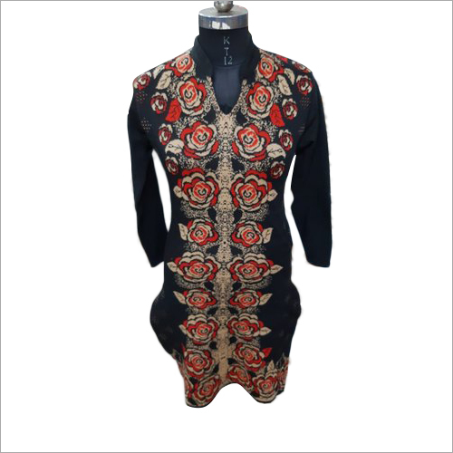 Ladies Floral Print Woolen Long Kurti - Woolen, Sizes S, M, L, XL, XXL | Long Sleeve, Printed Pattern, Winter Daily Wear, Washable