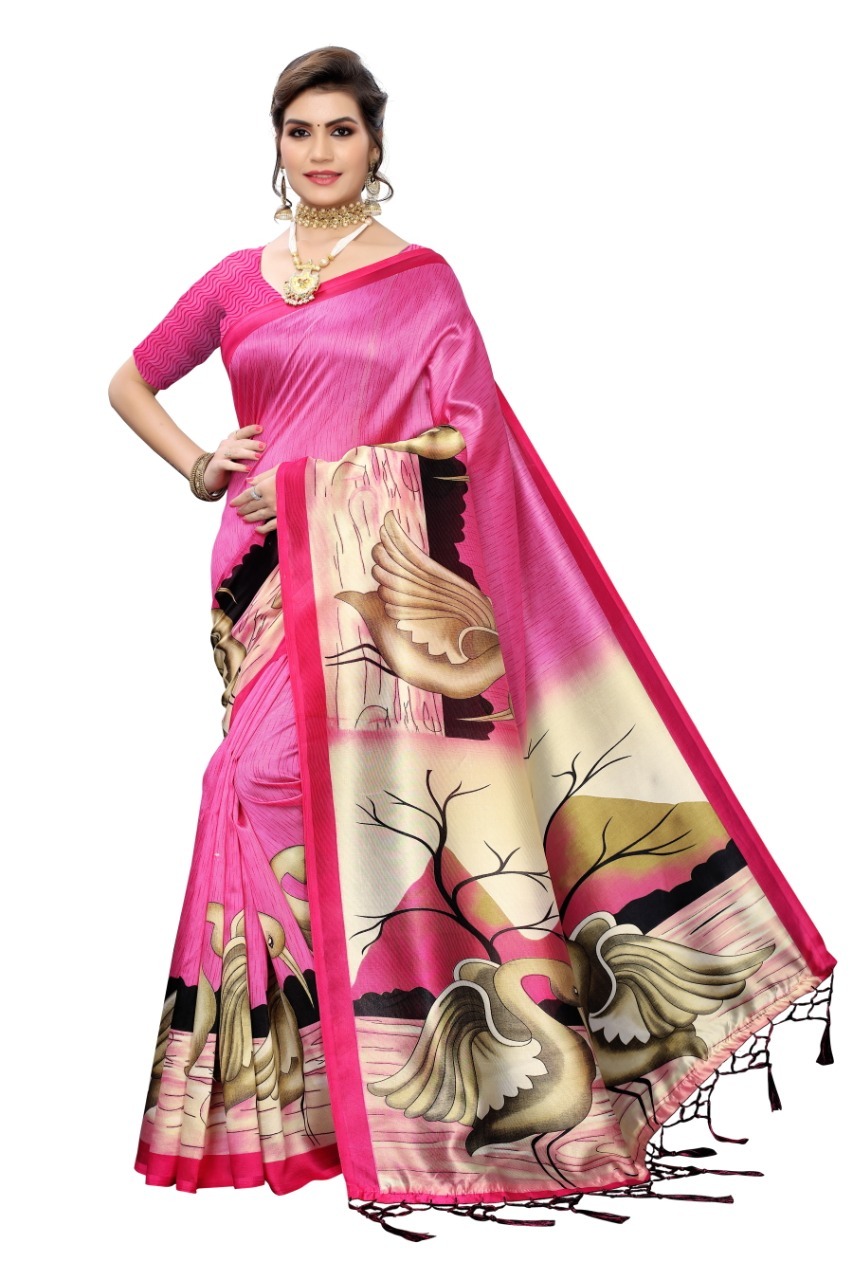 Duck Printed Art Silk saree  with jhalar