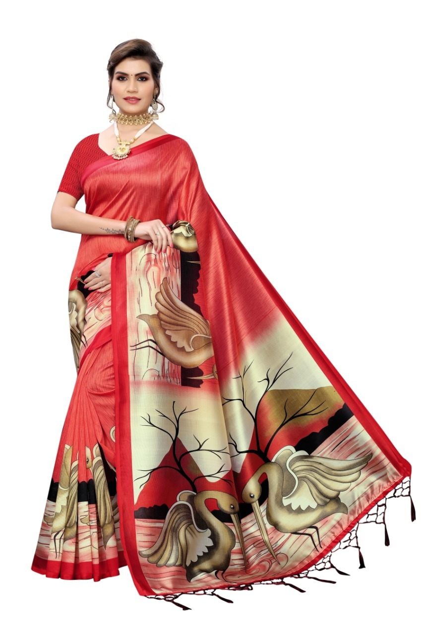 Duck Printed Art Silk saree  with jhalar