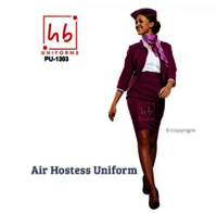 Air Hostess Uniform - Polyester Material, Various Sizes , Burgundy Color With Long Sleeves And Knee-length Skirt