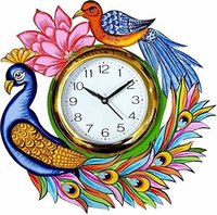 Multicolor Wooden Wall Clock Peacock Printed