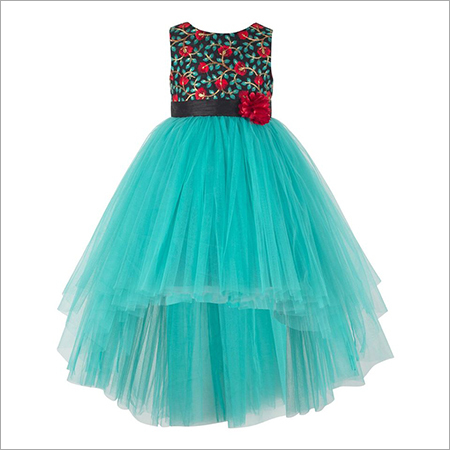 Floral Embroideredgreen Hi-Low Dress. Age Group: 2-12 Years