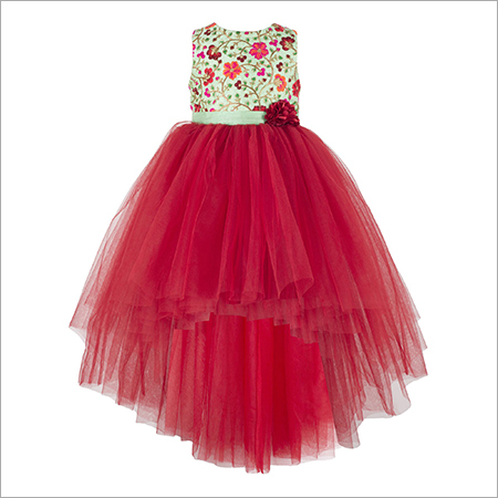 Floral Embroidered Maroon Hi-Low  Dress. Age Group: 2-12 Years