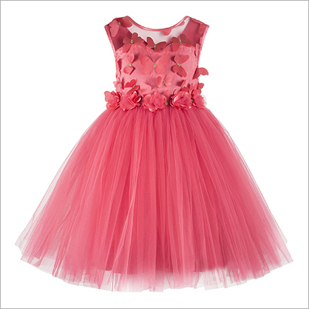 Butterfly Applique Coral Knee Length Party  Frock