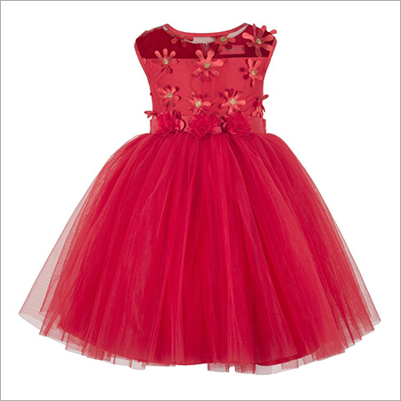 Applique Red Knee Length Party Frock