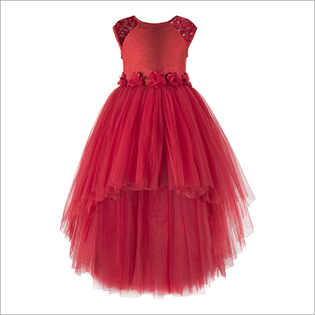 Floral Embroidered Red Girls Hi-low Dress
