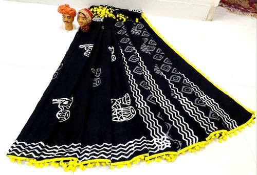 Mulmul Cotton Saree With pompom Lace with Blouse By BAGRU BLOCK PRINTERS