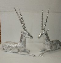 White Metal Handicrafts - 22x20x8 Inch, White Silver Aluminum Deer Set Statue | Antique Imitation Design, 2 Kg Weight, Perfect For Art & Collectibles, Gifts, Home And Wedding Decoration