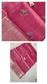 Pure Linen Silk Saree With Machine Embroidery  All Over Saree.