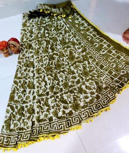 Bagru Print Cotton Saree With Pumpum Lace With Blouse
