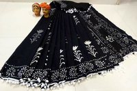 Mulmul Cotton Saree With Blouse ans Pompom Lace
