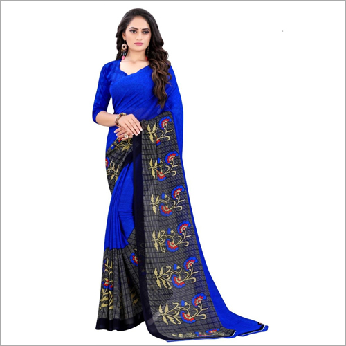 Printed Poly Blue Georgette Saree