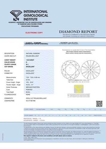 1.50ct H SI1 Round Brilliant Cut Natural Diamond IGI Certified TYPE2A