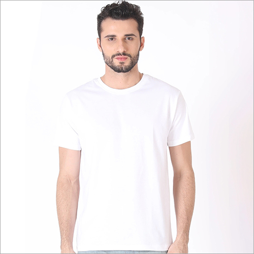 Mens Round Neck White T-Shirt - Cotton, Lycra & Polyester Blend , Size: S, M, L, XL - Short Sleeves, Plain Design, Color Fastness & Dependability