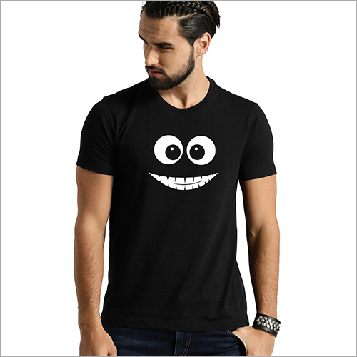 Mens Round Neck Printed T-Shirt - Cotton-Lycra-Polyester Blend, Sizes [S, M, L, XL], Black & Other Colors, Half Sleeves, Quick-Dry, Fade-Resistant