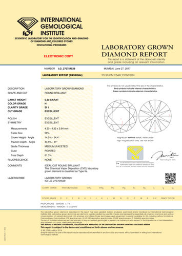 CVD Diamond 0.30ct H SI1 Round Brilliant Cut IGI Certified Stone