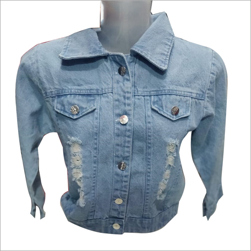 Ladies Ripped Denim Jacket - Denim Fabric, Sizes: S, M, L, XL, XXL, Light Blue Color, Long Sleeve, Casual Dress Type | Washable, Ripped Pattern, Ideal for Winter