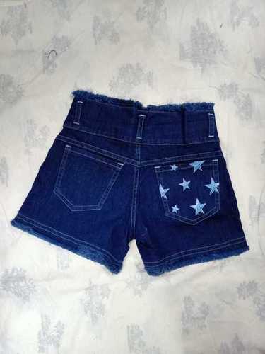 Ladies Casual Denim Shorts - Denim Material, Dark Blue Color | Printed Design with Stars on Back Pocket, Washed Finish
