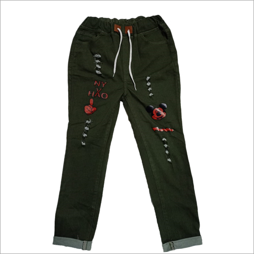 Ladies Fancy Denim Jogger - Denim Fabric, Olive Green Color, Mickey Mouse Face Print | Washable, Skin Friendly, Durable, Year-Round Wear