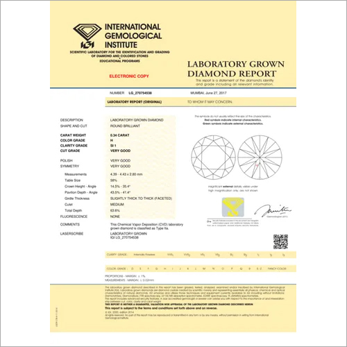 CVD Diamond 0.34ct H SI1 Round Brilliant Cut IGI Certified Stone
