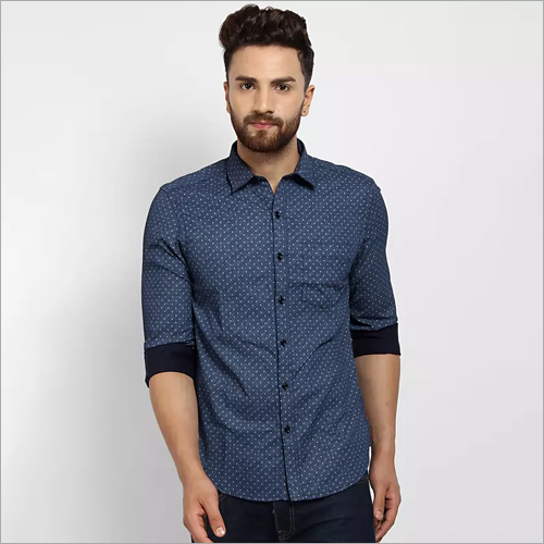 Mens Blue Printed Casual Shirt