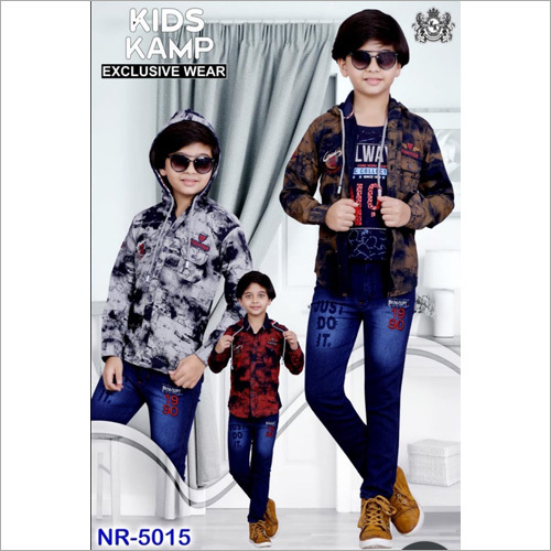 Boys Hoodie Jacket With Jeans Set - Denim, Available in Sizes M, L, XL, XXL, Grey Brown Hoodie with Blue Jeans , Breathable & Washable Features