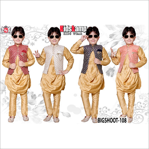 Boys Indo Western Set - Cotton Blend, Sizes M-XXL, Solid Golden Color with Matching Jacket | Mandarin Collar, Full Sleeves, Breathable & Washable