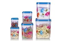 Plastic Household Container Set (6 Pcs) - Plastic, 1l To 16l Sizes, Floral Print Design | Durable, Seamless Finish For Stylish Storage