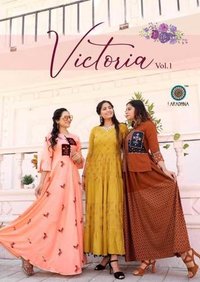 Victoria Vol 1 - Heavy Rayon Print Kurti Catalog, 3-4th Sleeve, Manual Hand Work, Ethnic & Party Wear