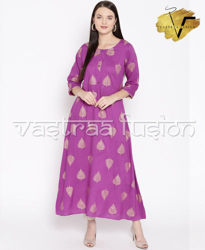 Ladies Festive Anarkali Printed Kurti - Cotton Blended Jute, Sizes 36 to 50 inches, Available in 25 Colors, Regular Fit, Washable