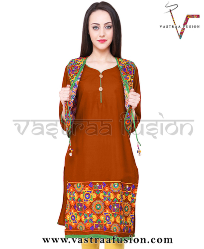 Ladies Embroidery Work With Matching Jacket Kurti - Cotton Blended Jute, Regular Fit, Available in 25 Colors (Size 36-50) | Washable, Suitable for Casual and Festive Occasions