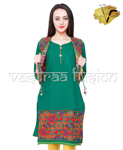 Ladies Embroidery Work With Matching Jacket Kurti - Cotton Blended Jute, Regular Fit, Available in 25 Vibrant Colors, Size 36-50 Inches