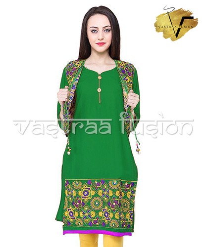 Ladies Embroidery Work Kurti with Matching Jacket - Cotton Blended Jute, Regular Fit Sizes 36-50, Available in 25 Colors, Washable for All Seasons