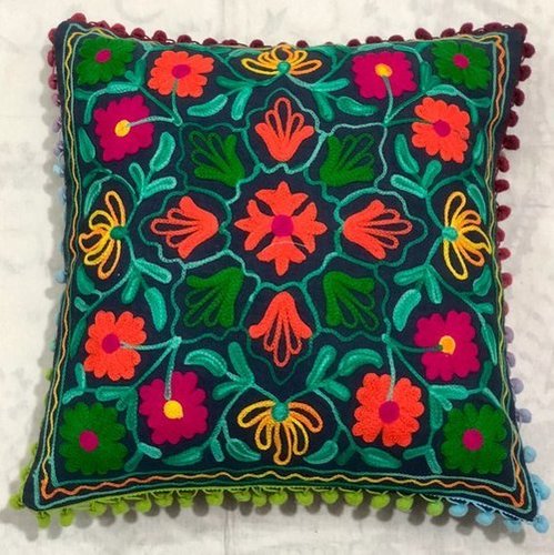 Suzani Cushion Cover - 16x16 Inches, Cotton Material, Teal Color, Hand-Stitched Floral Embroidery, Zipper Closure