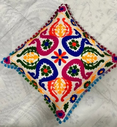 Suzani Cushion Cover - Cotton, 16x16 Inches, White | Embroidered, Invisible Zipper, Decorative, Comfortable, Vibrant, Stylish
