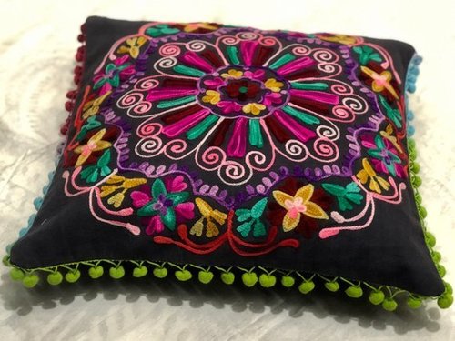 Suzani Cushion Cover - Cotton, 16x16 Inches, Dark Blue | Decorative, Handcrafted, Embroidered Floral Design, Soft Texture, Unique Ethnic Style