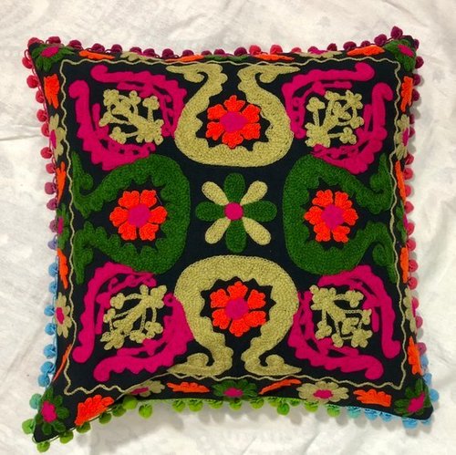 Suzani Cushion Cover - Cotton Blend, 16x16 Inches, Black | Floral Pattern, Invisible Zipper Closure, Ideal for Home Décor, Sofa, or Bed