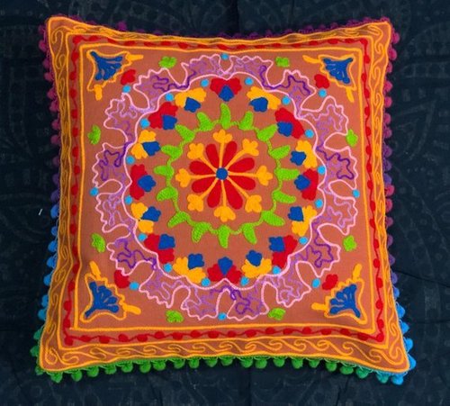 Suzani Cushion Cover - Cotton, 16x16 Inches | Orange Floral Design with Zipper Closure