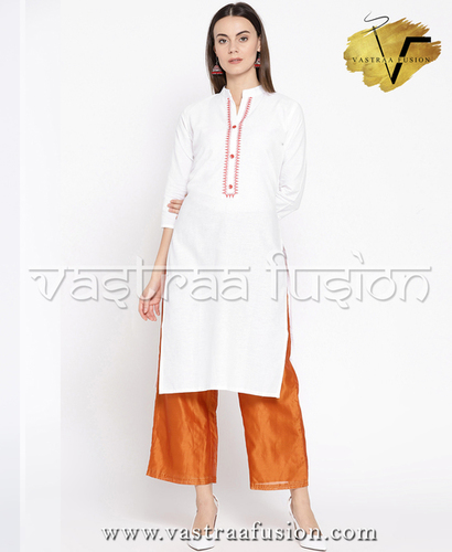 Ladies Solid Neck Embroidered Cotton Kurti - Cotton Blend, Size 36 to 50 Inches, 25 Color Options | Casual and Festive Wear, Regular Fit