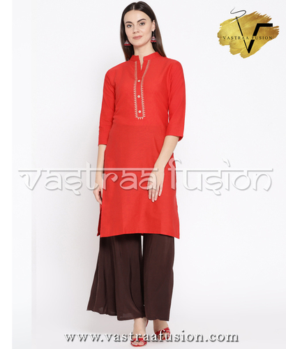 Ladies Solid Neck Embroidered Cotton Kurti